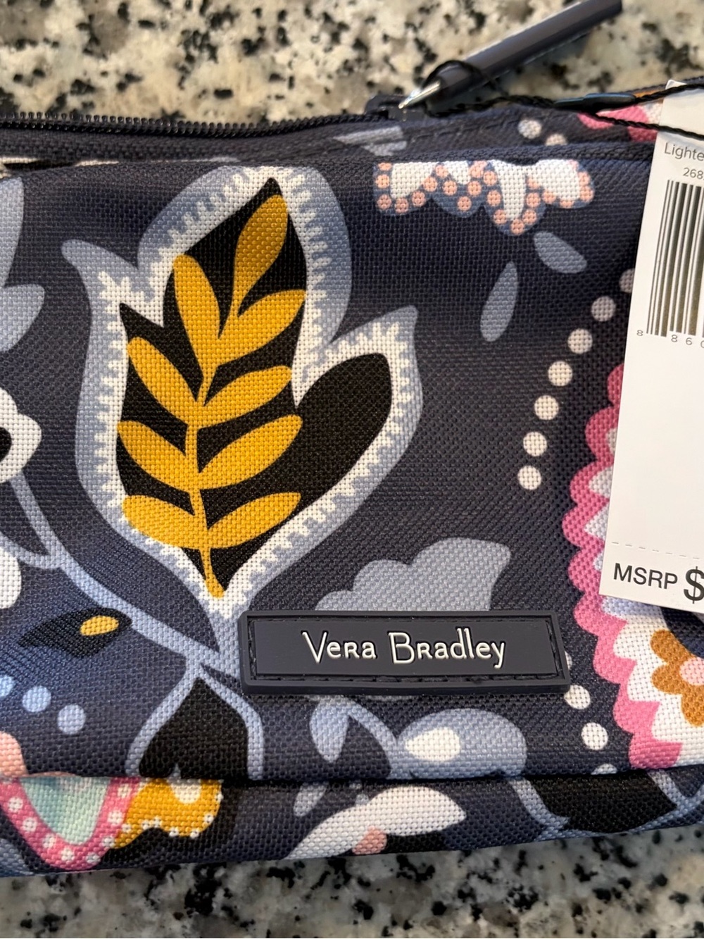 Vera Bradley Navy Floral Quilted Cosmetic Pouch with Mustard and Pink Accents - Picture 2 of 5